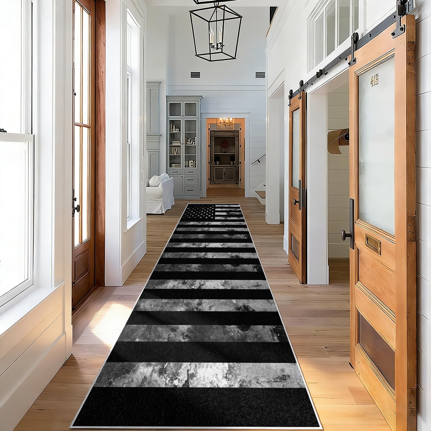 USA American Flag Runner Rug 2x6ft, Vintage USA Stars Stripes Flag School Hallways Runner Rug, Black Kitchen Floor Mat, Non-Slip Washable Low Pile Carpet for Entryway Living Room Bedroom Playroom