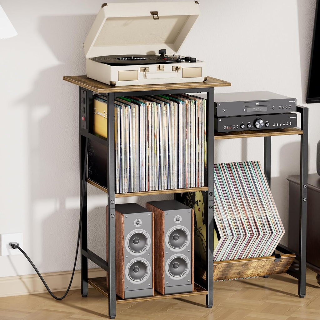 HYPIGO Record Player Stand with Power Outlets, Turntable Stand with Vinyl Record Storage Holds 300+ Albums, Record Player Table with Vinyl Display Holder for Living Room