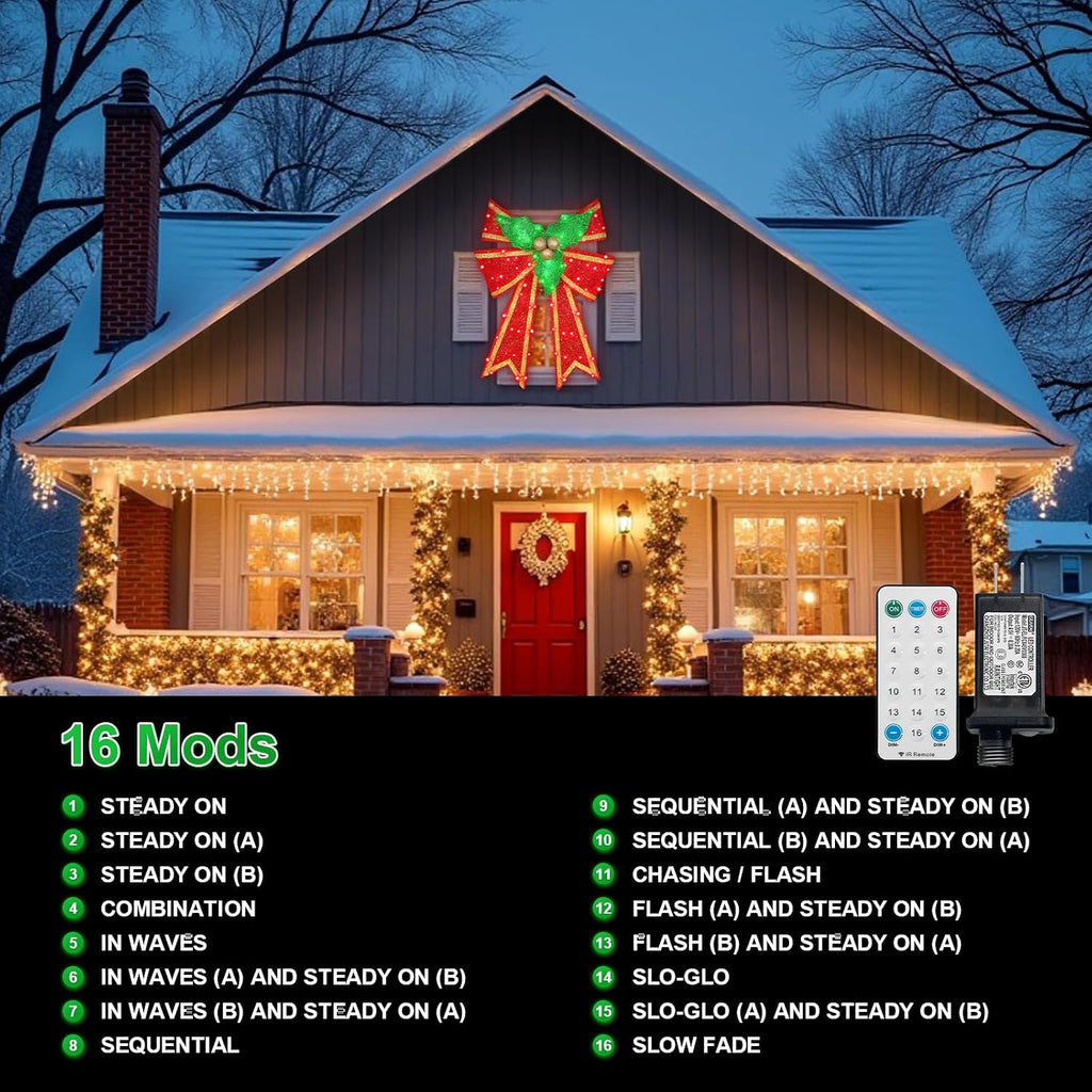 28in Pre-Lit Christmas Bow Decoration, Large Outdoor LED Holiday Yard Deco, Red and Green with Gold Accents, Pre-lit Holiday Door Wreath Topper,16Light Functions, Timer, Hook