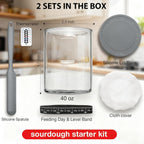 2 Pack Premium Pro Sourdough Starter Jar Kit - 40oz Large Wide Mouth Sourdough Bread Jar with Marked Feeding Band, Thermometer, Scraper, Cloth Cover & Silicone Lid/Base, Glass Container, Baking Supply