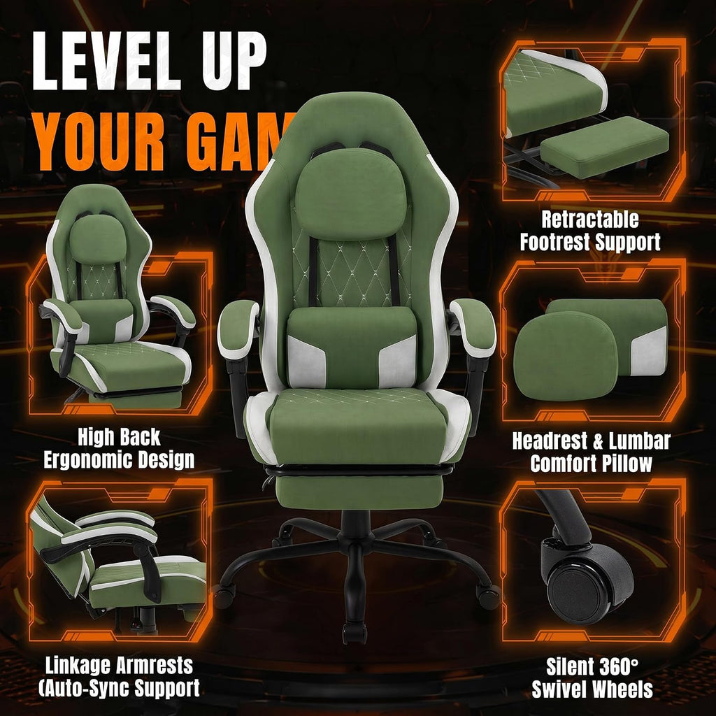 Shintenchi Gaming Chair, Ergonomic Office Chair with Footrest, Lumbar Support and Linkage Armrests, Swive Home Video Game Chairs for Adults, Green