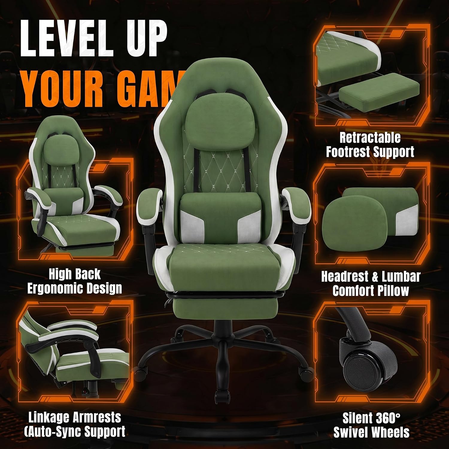 Shintenchi Gaming Chair, Ergonomic Office Chair with Footrest, Lumbar Support and Linkage Armrests, Swive Home Video Game Chairs for Adults, Green