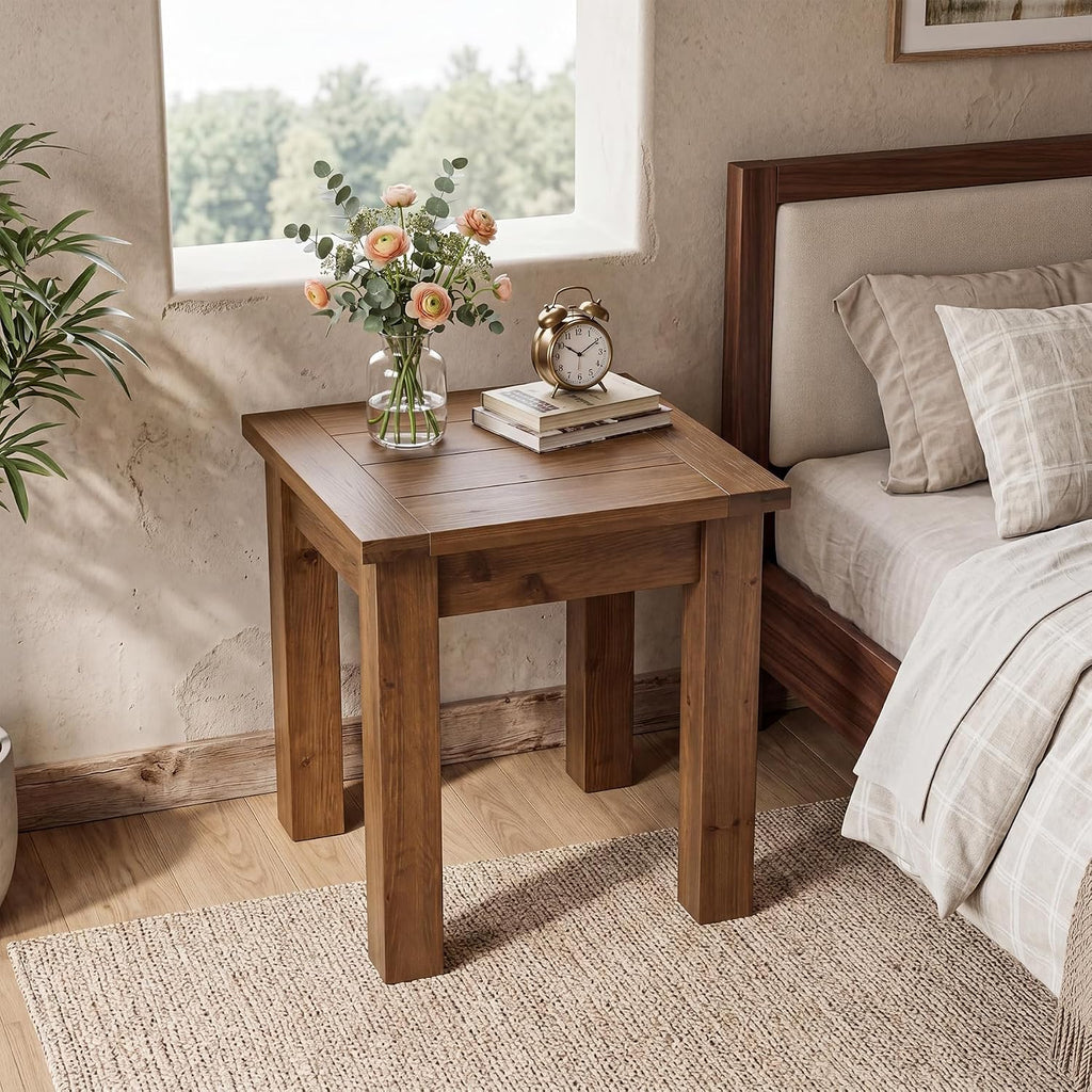 Solid Wood Side Table Set of 2, Farmhouse Square End Tale with Stable 4 Legs for Small Spaces, Living Room, Bedroom