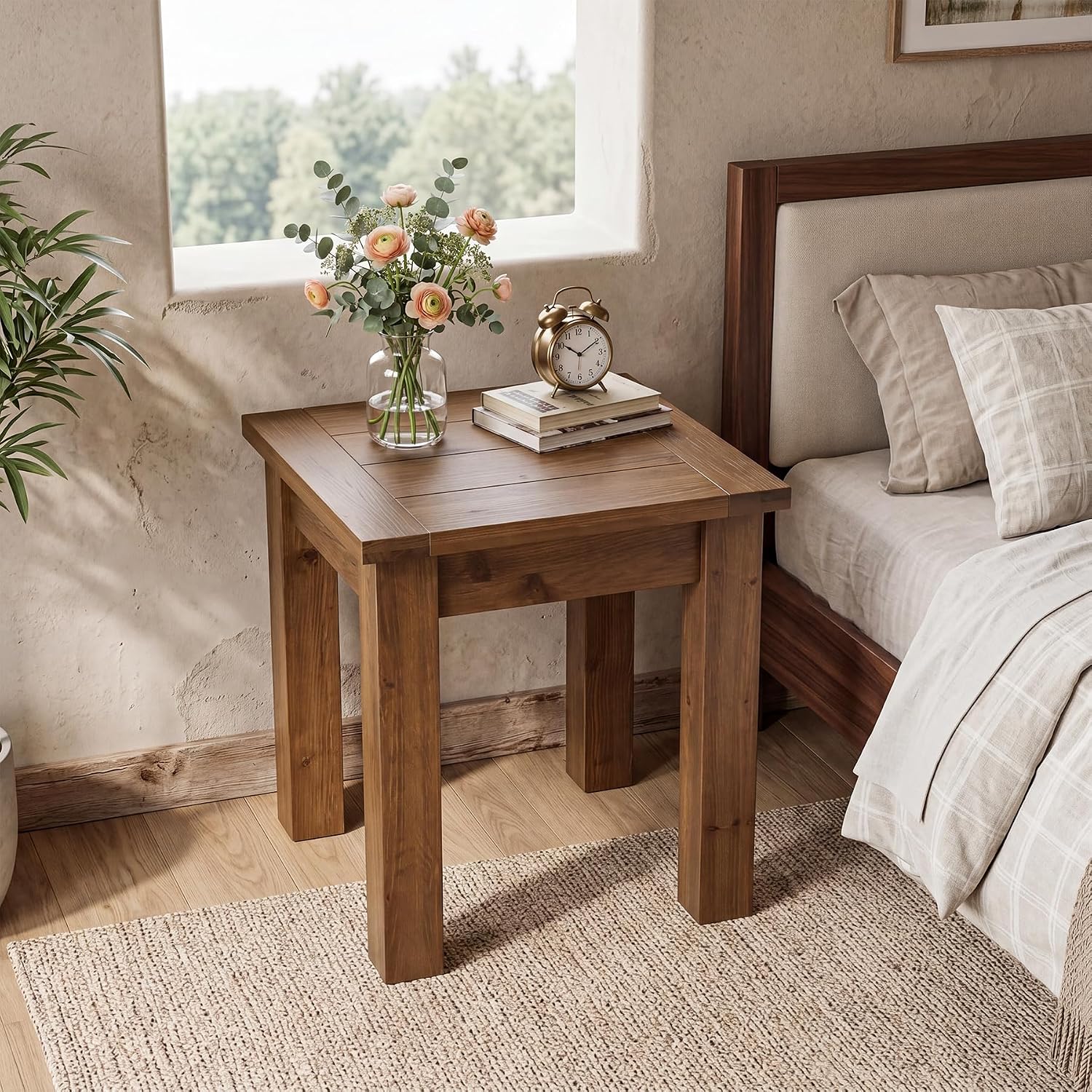 Solid Wood Side Table Set of 2, Farmhouse Square End Tale with Stable 4 Legs for Small Spaces, Living Room, Bedroom