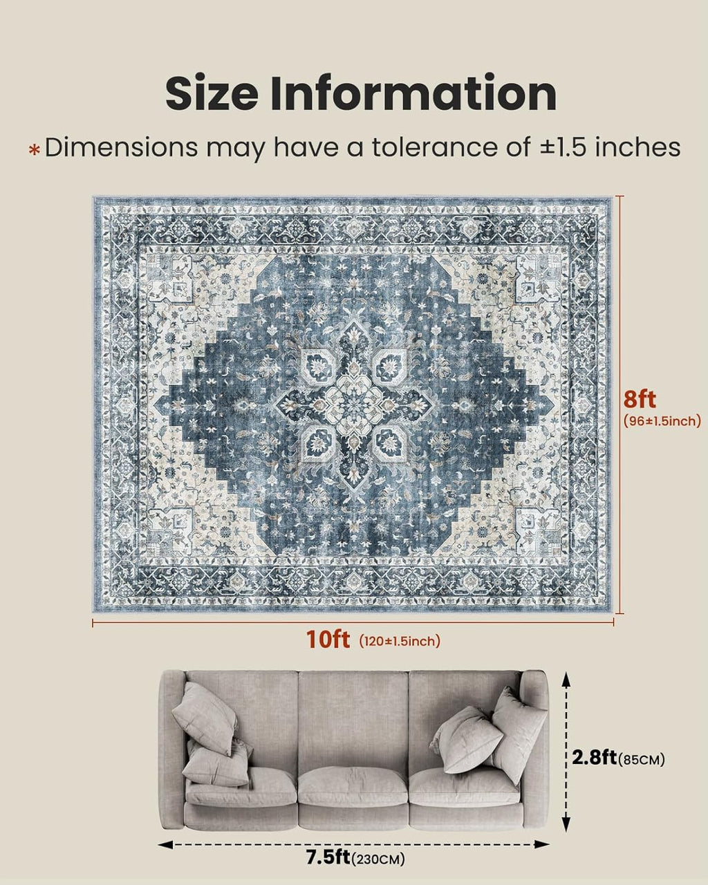 AMADA HOMEFURNISHING 8x10 Washable Area Rug, Low-Profile with Non-Slip Backing & Durable Edge Binding, Vintage Large Rugs for Living Room, Bedroom, Dining Room, Blue