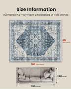 AMADA HOMEFURNISHING 8x10 Washable Area Rug, Low-Profile with Non-Slip Backing & Durable Edge Binding, Vintage Large Rugs for Living Room, Bedroom, Dining Room, Blue
