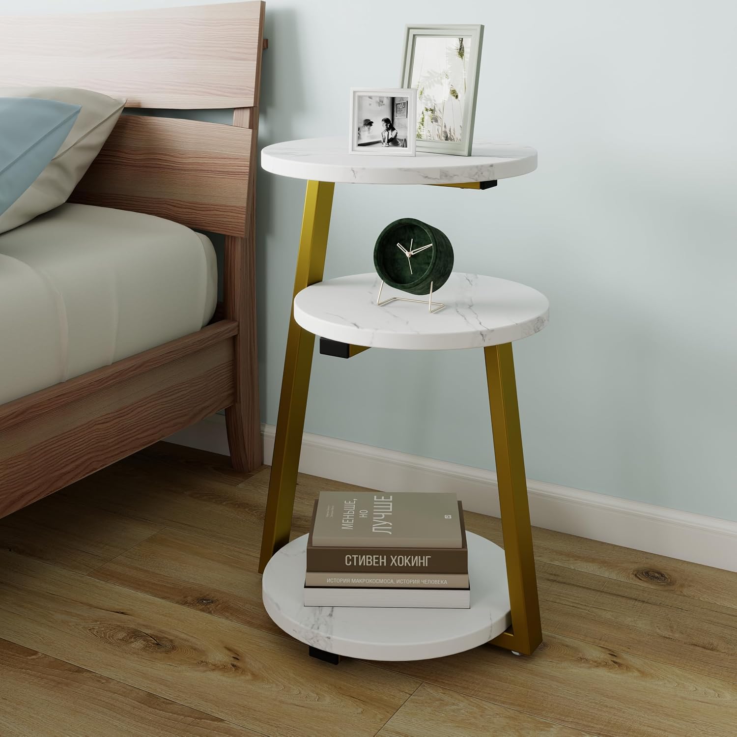 3-Tier Round End Table, Faux Marble Top Side Table with Sturdy Metal Legs, Modern Nightstand for Living Room, Bedroom, Small Spaces (Golden)