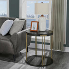 Modern Vintage Round End Table, 22” 2-Tier Sofa Side Table with Black Wood Top and Brass Metal Frame for Living Room, Bedroom