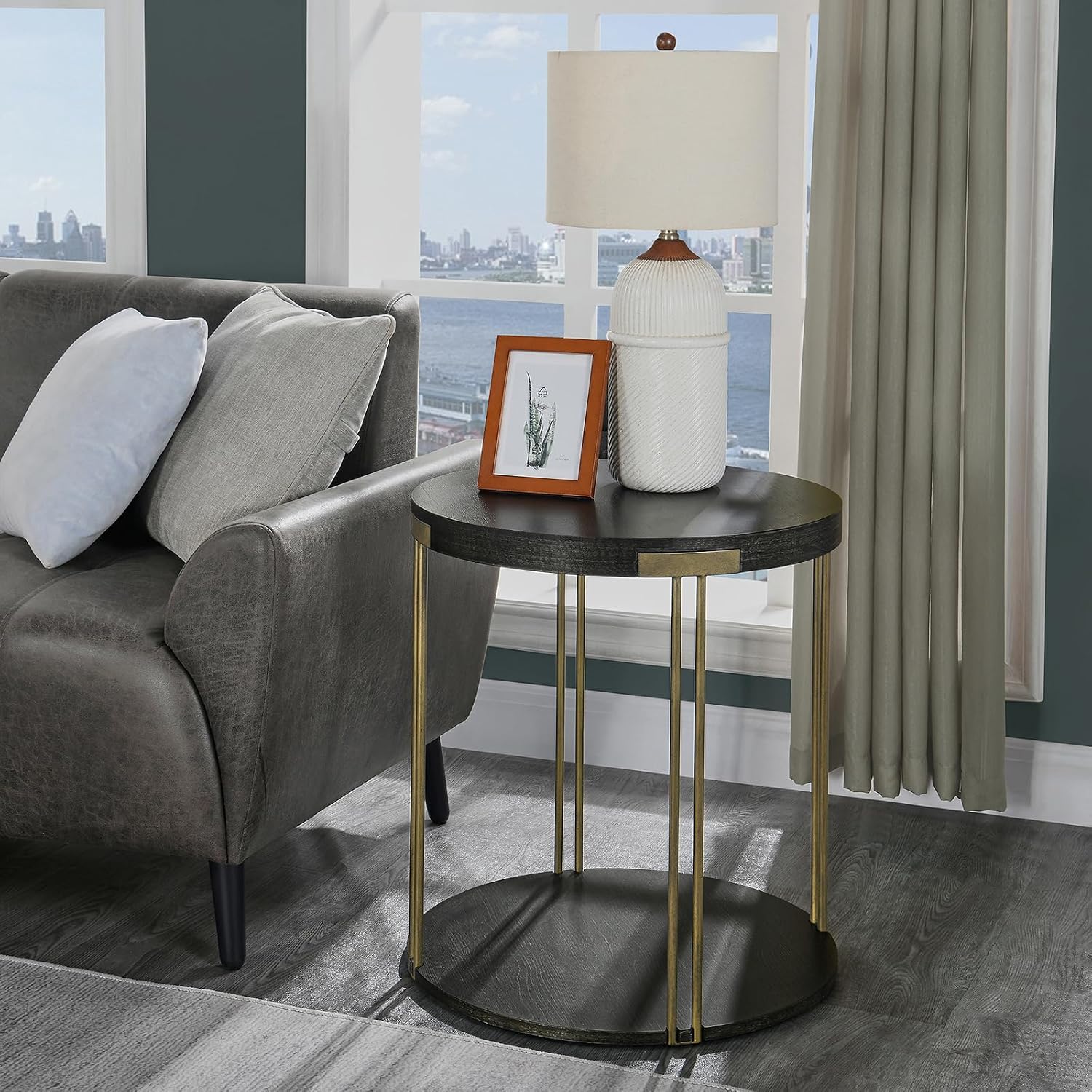 Modern Vintage Round End Table, 22” 2-Tier Sofa Side Table with Black Wood Top and Brass Metal Frame for Living Room, Bedroom