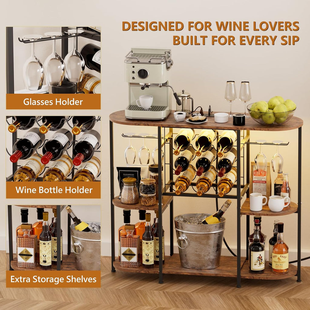 Gintan Wine Bar Cabinet with LED Lights, Mini Wine Bar Cart with Storage and Glass Holder Power Outlet Easy to Assemble, Home Bar Coffee Bar for Liquor, 3-Tier Bar Table for Kitchen&Dining&Living Room