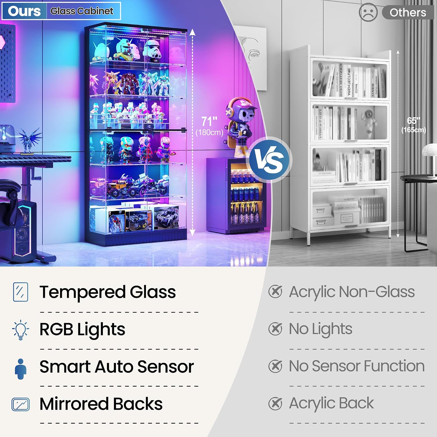 Lvifur 71" Tall Glass Display Cabinet with RGB Lights for Living Room,Black | 6-Tier Lockable Curio Cabinet with Glass Door,Display Shelves,App Control,Motion Sensor,Display Case for Collectibles/Books