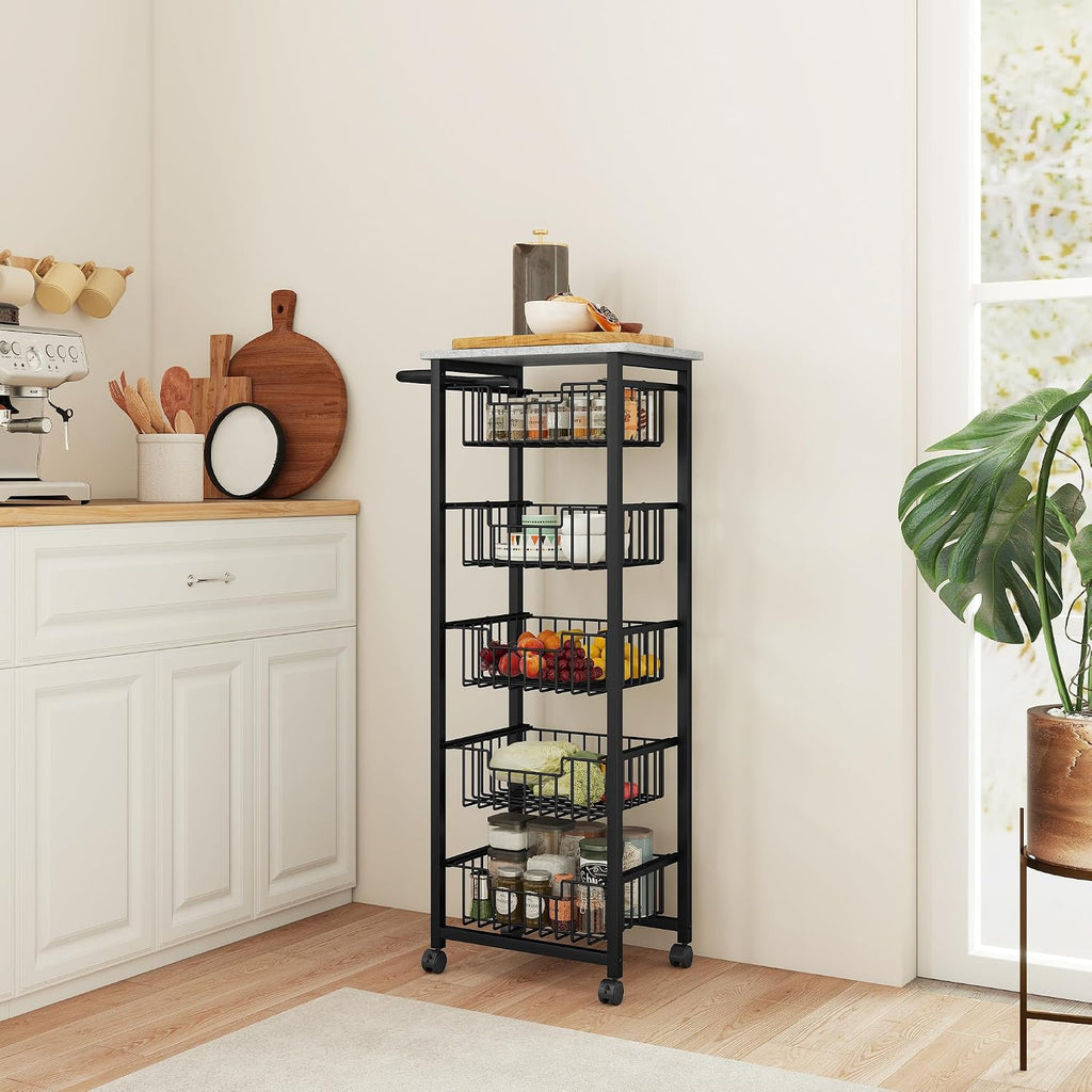 HOMCOM 5-Tier Kitchen Island on Wheels, Rolling Kitchen Storage Trolley with 5 Pull-Out Mesh Baskets, Mobile Utility Serving Cart, Light Grey
