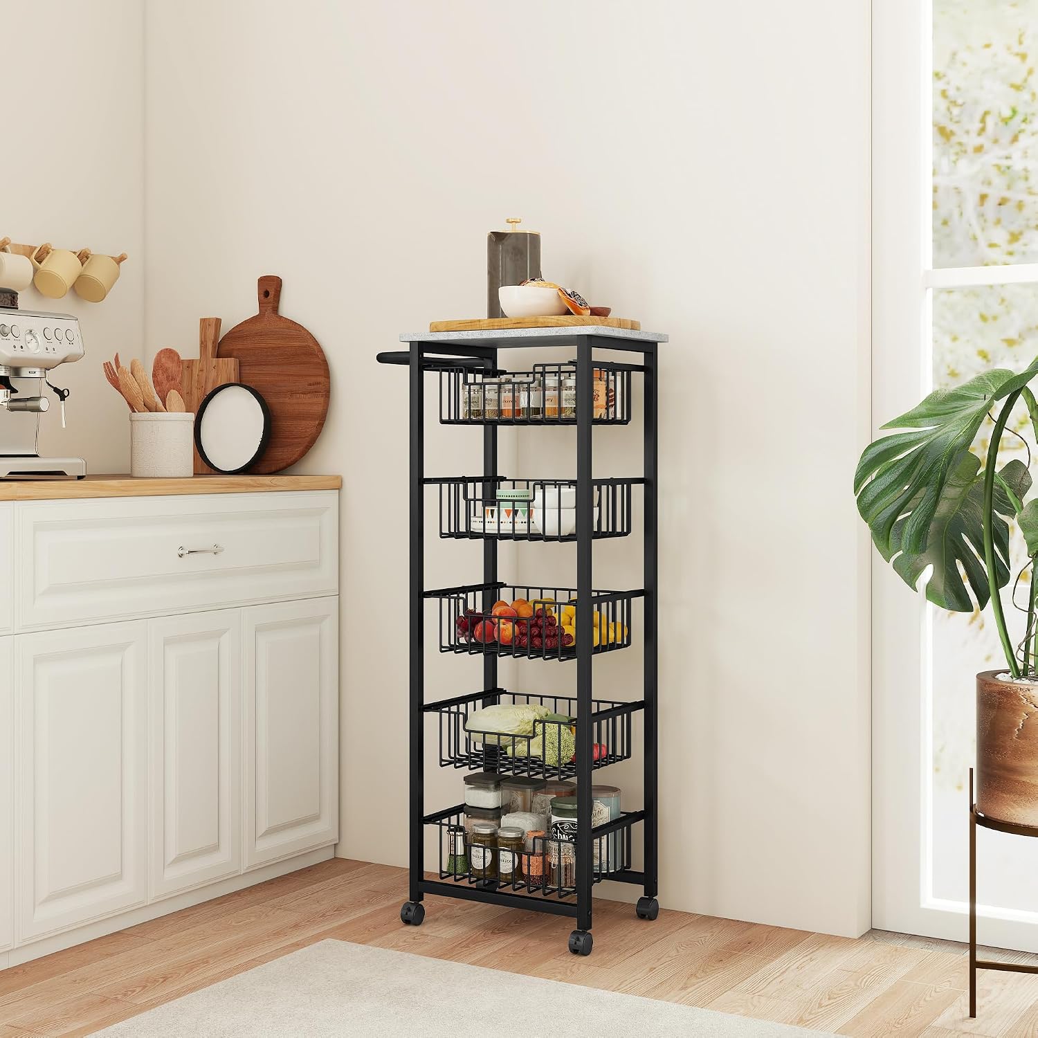 HOMCOM 5-Tier Kitchen Island on Wheels, Rolling Kitchen Storage Trolley with 5 Pull-Out Mesh Baskets, Mobile Utility Serving Cart, Light Grey
