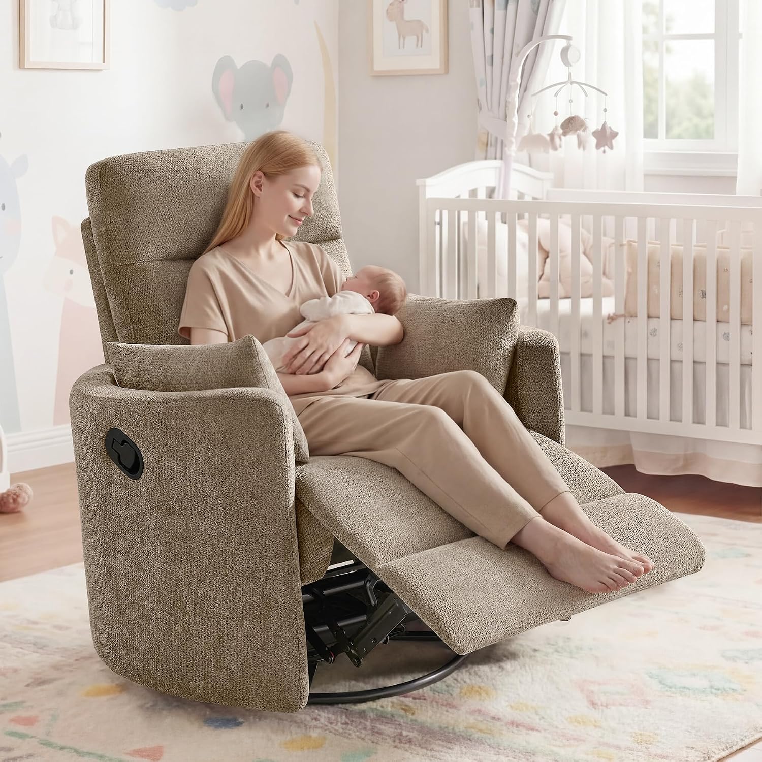 Oversized Nursery Rocking Chair, 360° Swivel Glider Recliner Chair, Chenille Silent Nursery Chair with 2 Pillows and Footrest, Cozy Reclining Sofa for Living Room, Bedroom, Nursing, Camel