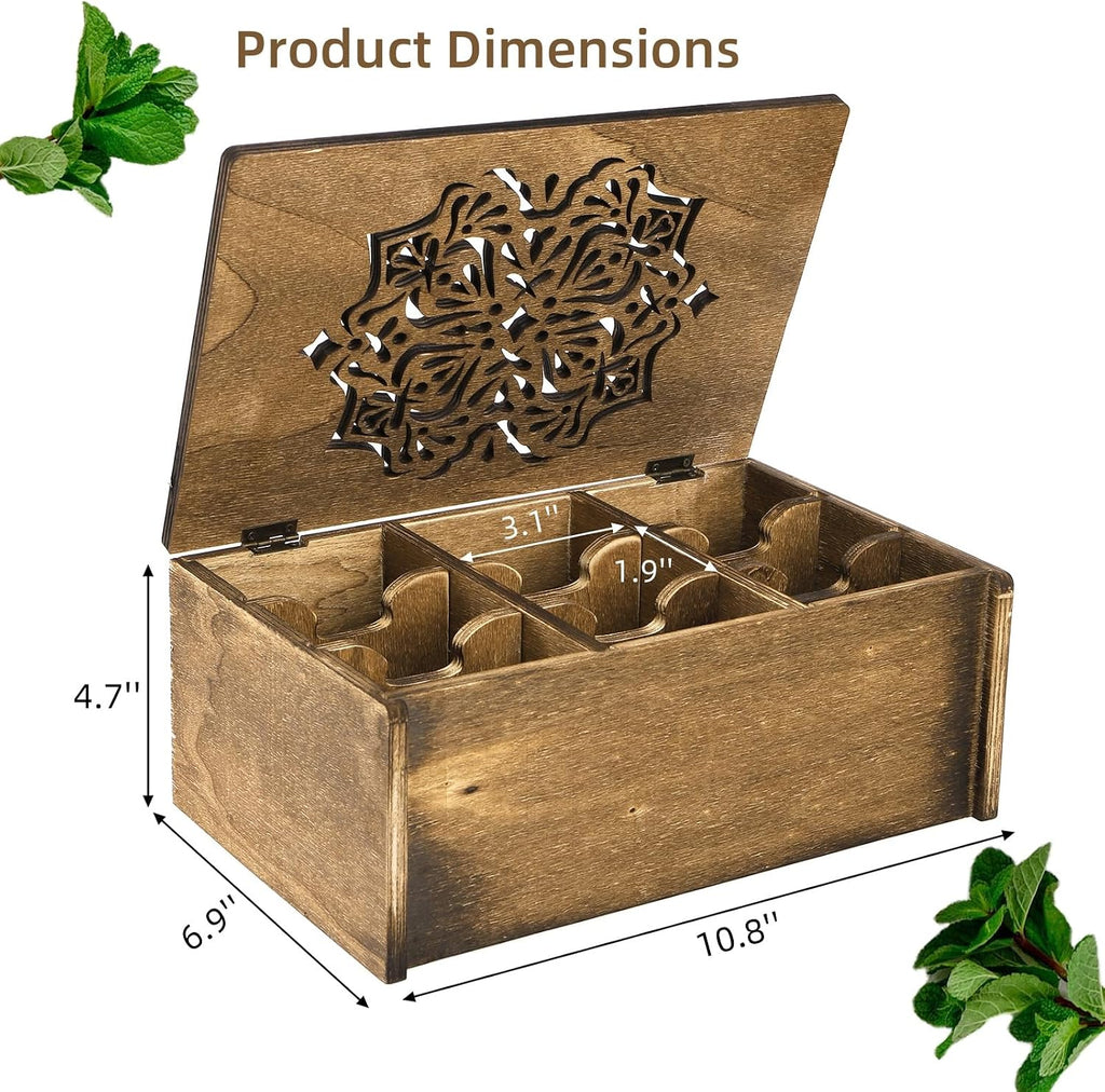WRINGKIT Tea Bag Organizer Storage Box, Wood, 9 Compartments | Tea Chest Containers with Floral Carved Lid, Tea Holder Box for Assorted Spice Packets, Home Decor, Multi-Functional Storage