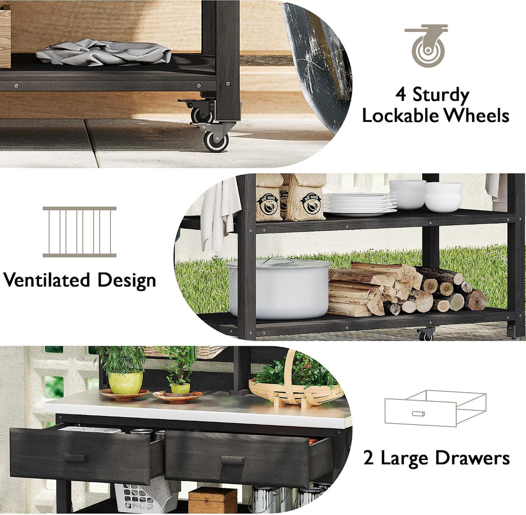 Merax 64.9" H Outdoor Potting Bench Table with Lockable Wheels, Solid Wood Outdoor Kitchen Island with Upper Hutch, Stainless Steel Top, Towel Rack, Outdoor Storage for Grilling, Lawn Garden, Black