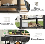Merax 64.9" H Outdoor Potting Bench Table with Lockable Wheels, Solid Wood Outdoor Kitchen Island with Upper Hutch, Stainless Steel Top, Towel Rack, Outdoor Storage for Grilling, Lawn Garden, Black