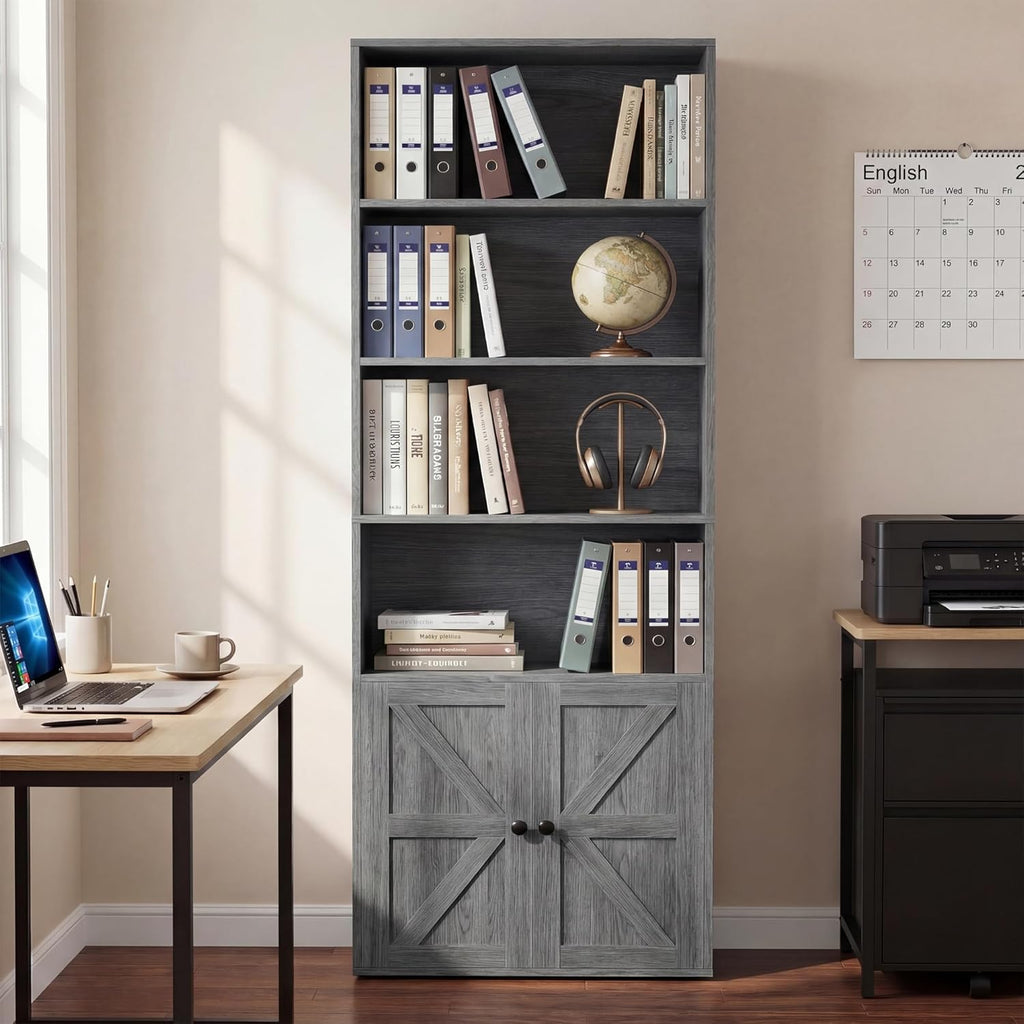 YESHOMY Farmhouse Bookshelf and Bookcase with Storage, 71.5" Tall Industrial Bookshelves and Bookcases with Doors, 4-Tier Floor Standing Tall Display Cabinet for Home Office, Living Room, Gray, 1 PCS