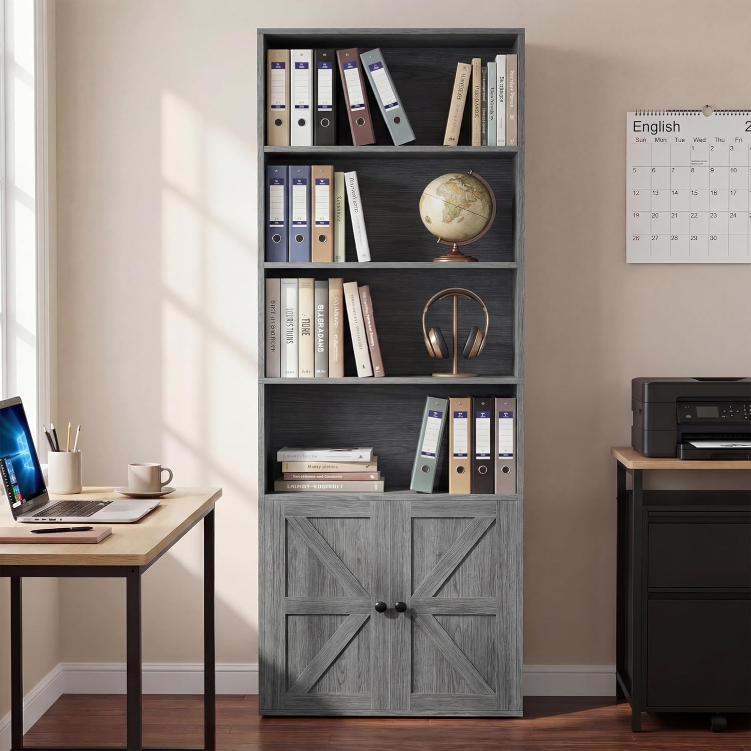 YESHOMY Farmhouse Bookshelf and Bookcase with Storage, 71.5" Tall Industrial Bookshelves and Bookcases with Doors, 4-Tier Floor Standing Tall Display Cabinet for Home Office, Living Room, Gray, 1 PCS