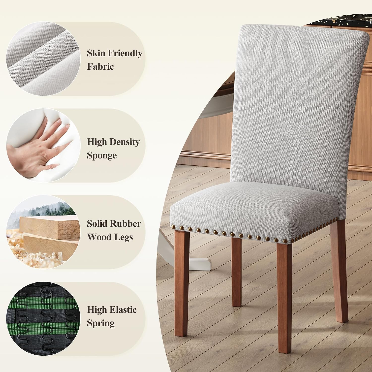 COLAMY Parsons Dining Chairs Set of 6, Upholstered Fabric Dining Room Kitchen Chair with Nailhead Trim and Wood Legs - Light Grey