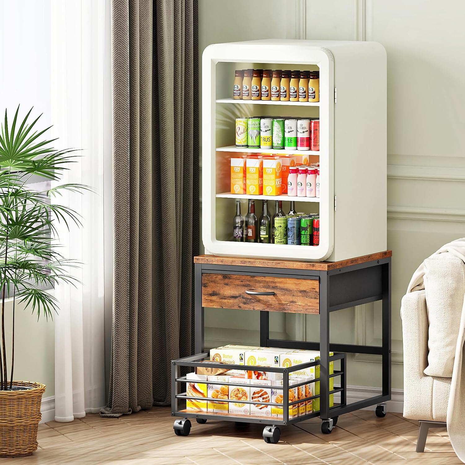 HOOBRO Mini Fridge Stand with Storage, 19.7 Inch End Table, Mini Fridge Cabinet with Mobile Basket Cart, for Living Room, Bedroom, Rustic Brown and Black BF655BX01