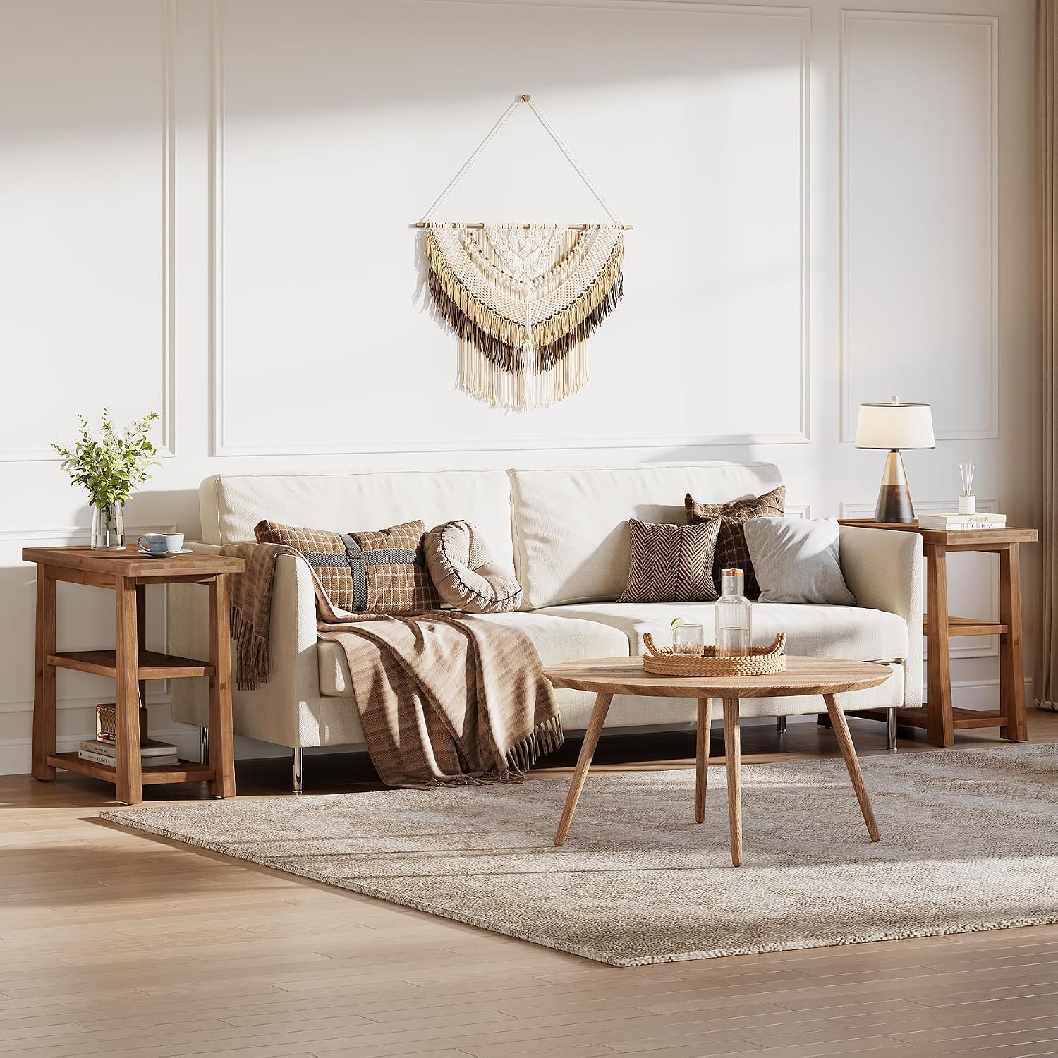 27.55 Inches Solid Wood End Table Set of 2, Rustic Nightstand with Open Storage Shelves, 3-Tier Narrow Sofa Side Table for Living Room, Bedroom, Small Spaces
