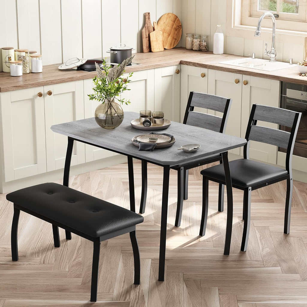 Kitchen Table Set for 4, 4-Piece Dining Table with 2 Chairs and PU Upholstered Bench - Cutting Corner Tabletop Design, Space-Saving Kitchen Furniture for Studio, Restaurant, Gray