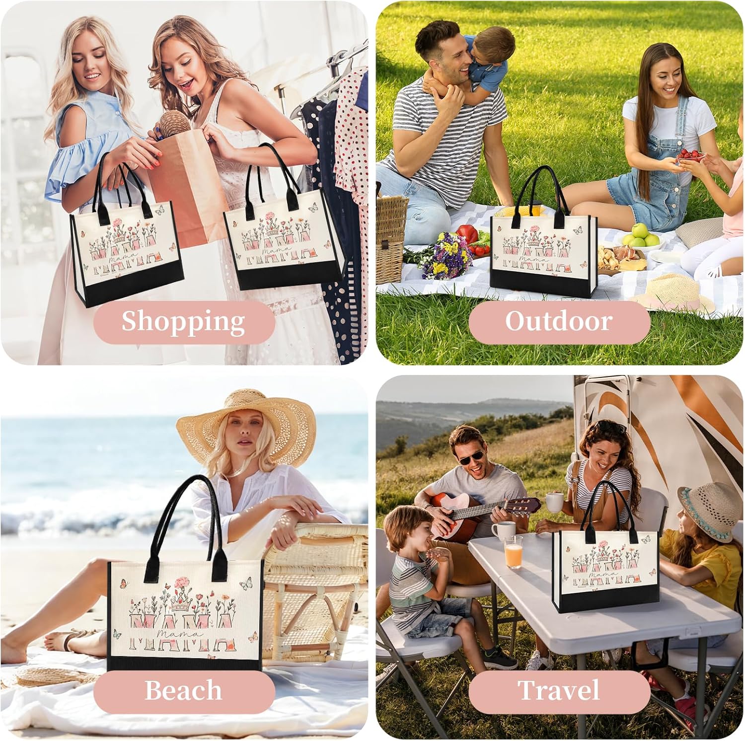 Mothers Day Gifts for Mom - Spacious Canvas Tote Bag for Women, Beautiful Floral Print New Mom Birthday Gifts, Sturdy Ties & Bottom Reusable Grocery Bags, Mama Gift for Shopping Beach Travel Work