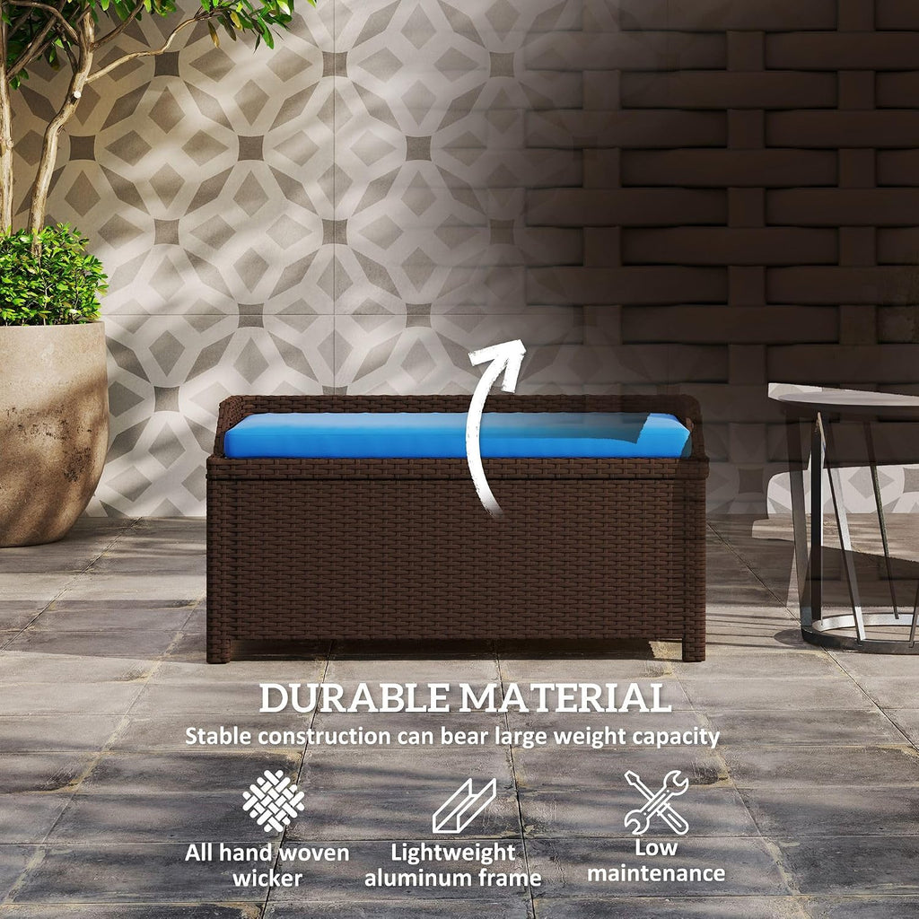 30×30×30inch Durable Premium Outdoor Wicker Storage Bench with Large Compartment Storage and Plush Blue Cushion, Easy to Maintain