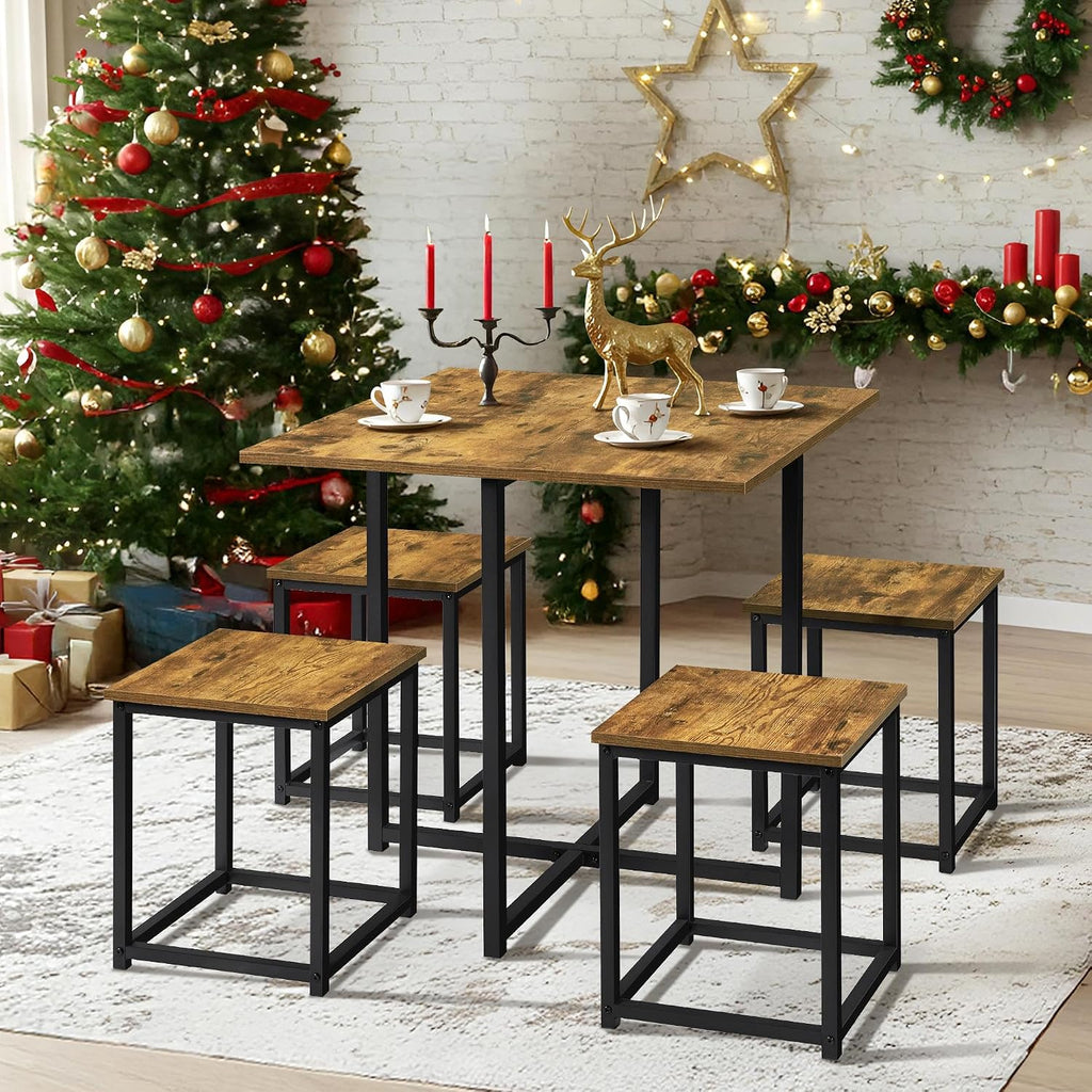 Yaheetech Industrial Dining Table Set for 4 Compact Kitchen Table and 4 Stools Space Saving Home Furniture for Small Space, Rustic Brown