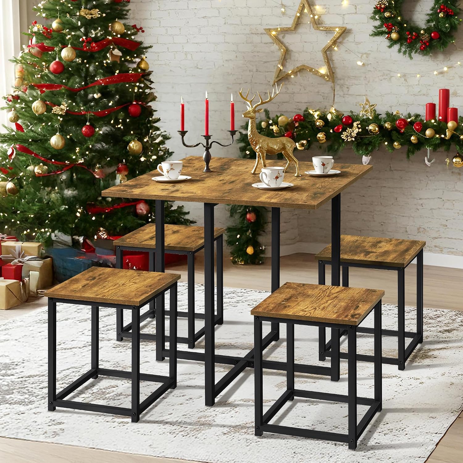 Yaheetech Industrial Dining Table Set for 4 Compact Kitchen Table and 4 Stools Space Saving Home Furniture for Small Space, Rustic Brown