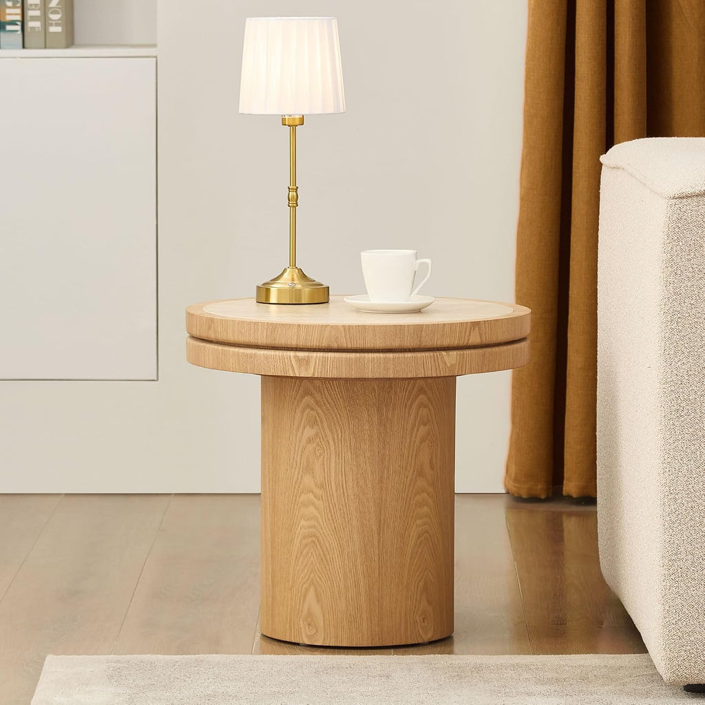 Round End Table Modern Side Table with Sintered Stone Top & Natural Wood Grain, Pedestal Accent Table for Living Room Bedroom Small Spaces, Oak