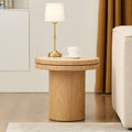 Round End Table Modern Side Table with Sintered Stone Top & Natural Wood Grain, Pedestal Accent Table for Living Room Bedroom Small Spaces, Oak