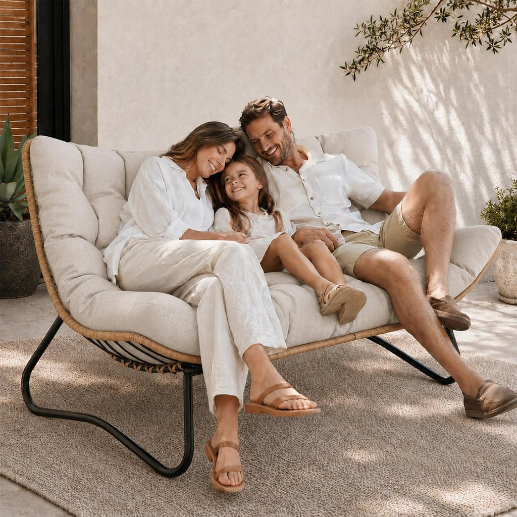 SWITTE Outdoor Papasan Loveseat, Oversized Double Wicker Egg Chair with Cushion, All-Weather Rattan 2-Seater Patio Lounge Chair for Balcony, Backyard, Poolside, Porch, Beige