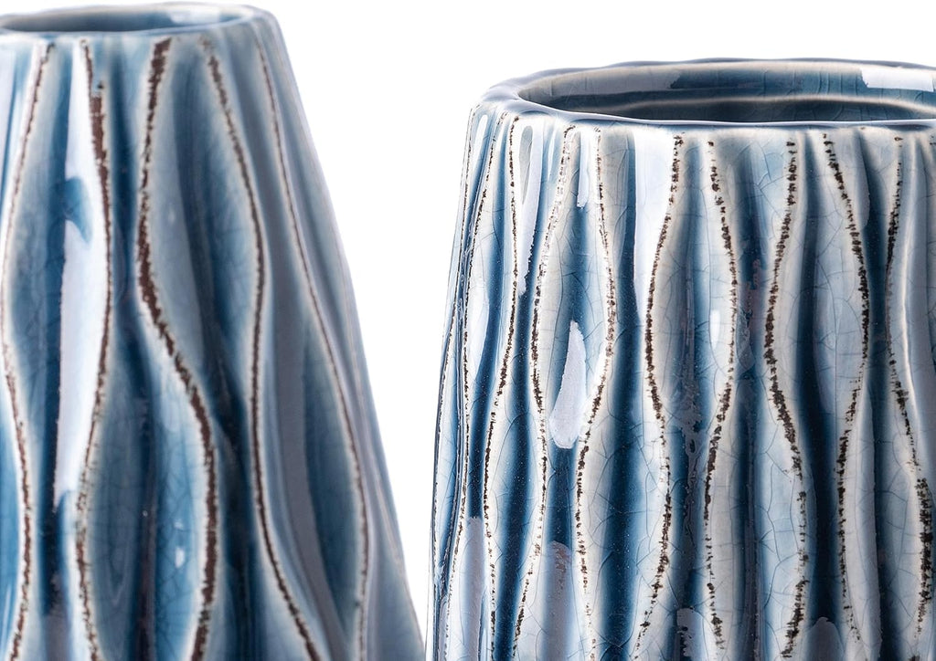 VICTOR & TERESA Ceramic Vase for Flowers, 10'' Set of 2 Decorative Blue Vases for Home Decor, Farmhouse Vases for Pampas Grass, Table, Mantel, Living Room, Shelf, Centerpieces, Gifts for Mom