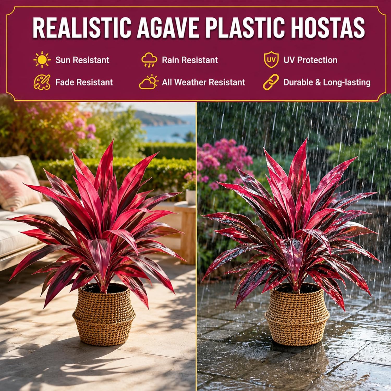 Artificial Tropical Plant UV Resistant Large Faux Plants Outdoor Fake Boston Ferns Potted Plants Realistic Agave Plastic Hostas Greenery Patio Outside Shrubs Flower Grass Front Porch Decor (2 PCS)