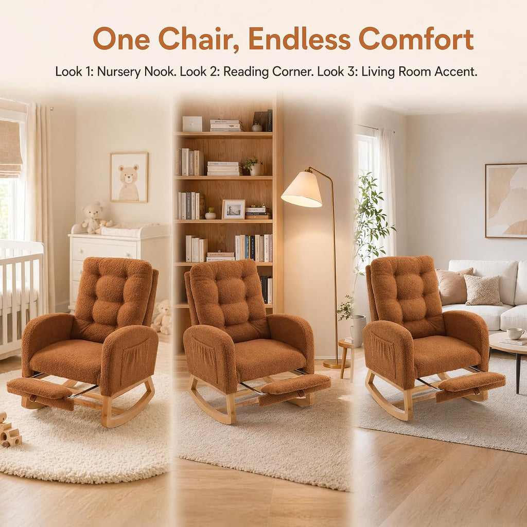 Accent Rocking Chair with Footrest, High Back Upholstered Rocker with Rubber Wood Legs, Lounge Armchair with Side Storage Pocket for Living Room Bedroom Nursery (1, Caramel)