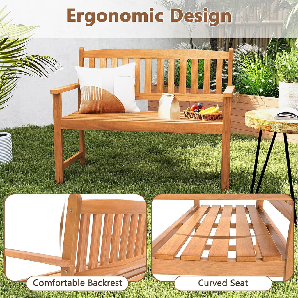 COSTWAY Wooden Bench Outdoor, Sturdy Outdoor Acacia Wood Bench for Garden, Park & Porch, 43”L x 22”W x 34”H, Teak