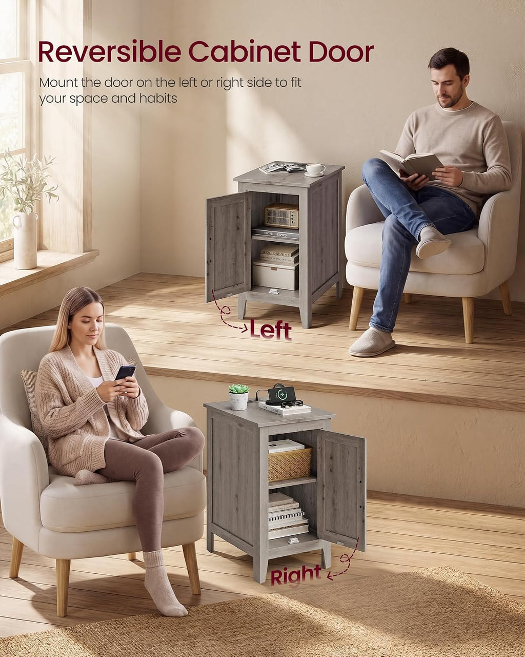 VASAGLE LIRY Collection - End Table with Charging Station, Side Table with Storage Cabinet, Night Stand for Living Room, Bedroom, Home Office, Washed Gray ULET131G101S