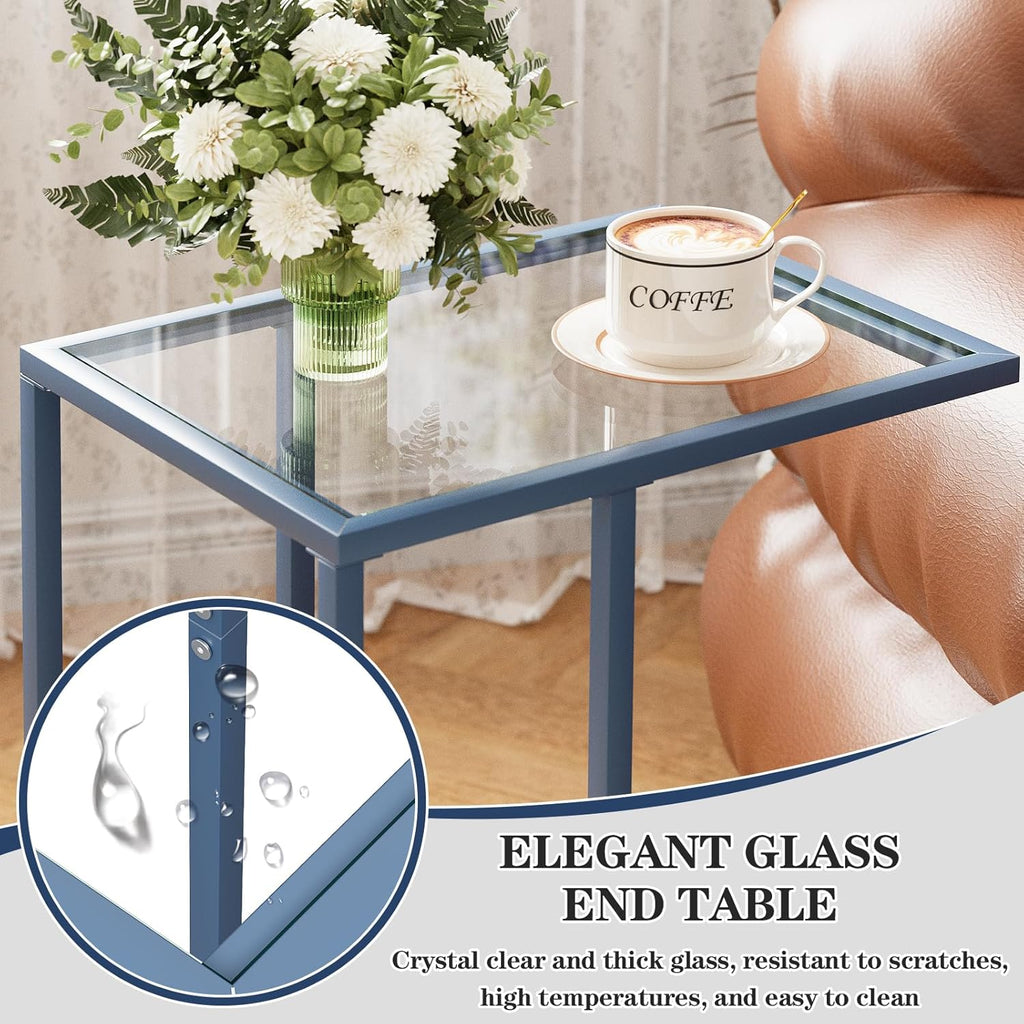 Easy Paws C Table End Table Set of 2, Glass Couch Side Table, Tempered Glass Snack Table with Metal Frame, TV Tray Table for Small Space, Sofa Couch Side Tableand Bed Side Table(Blue)