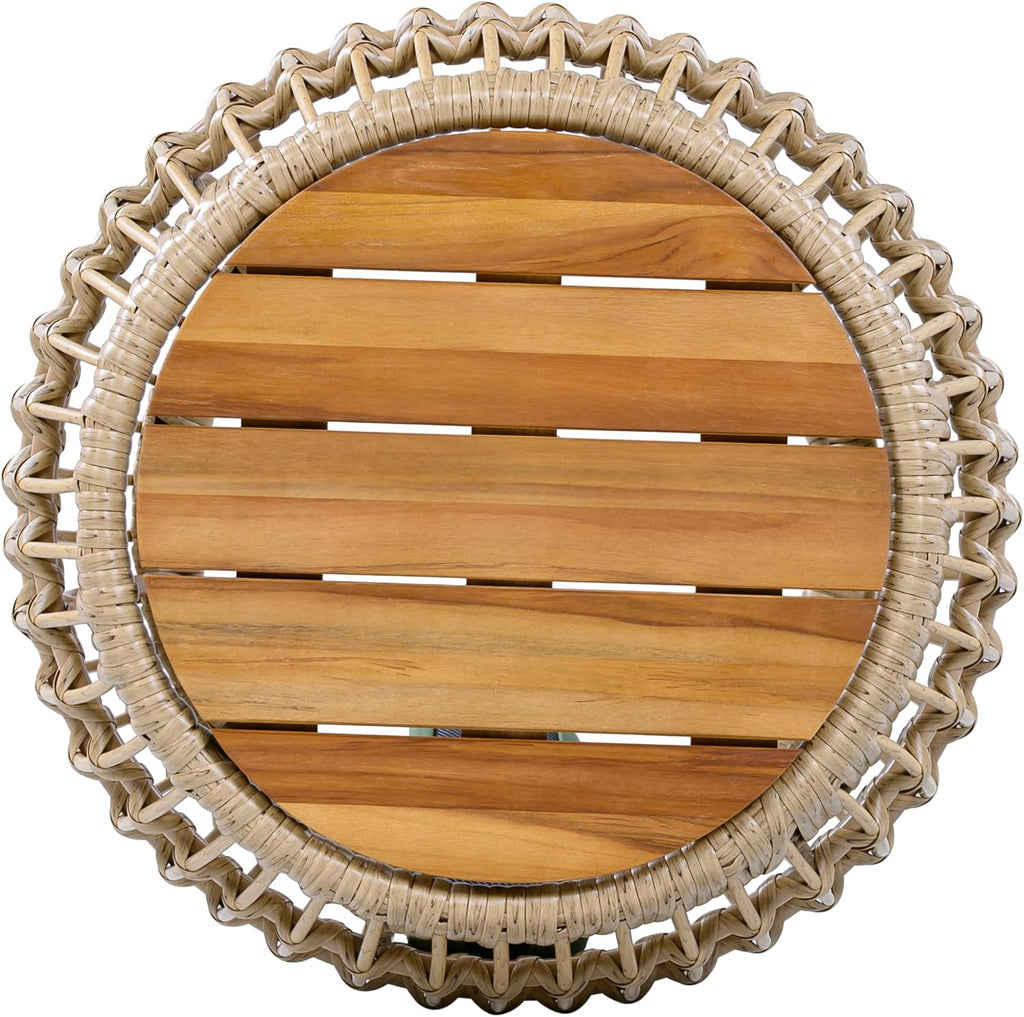 ø21.26'' Boho Side Table Wicker End Table for Living Room Outdoor & Indoor, Wood Tabletop & Wicker Baese, Modern Retro Farmhouse Style, No Assembly, Light Brown