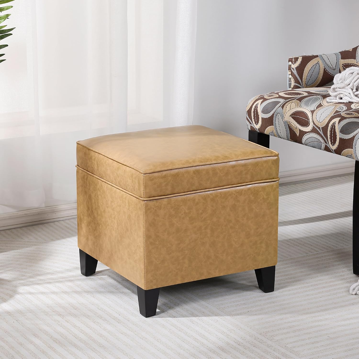 17” Faux Leather Storage Ottoman with Wooden Legs, Upholstered Square Flip-Top Footrest, Extra Seat or Coffee Table for Living Room, Bedroom, Entryway, Light Brown