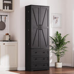 72'' Tall Kitchen Pantry Cabinet, Freestanding Tall Cupboard Storage Cabinet with 2 Barn Doors & 3 Drawers, Adjustable Shelves, Large Farmhouse Pantries for Living Room, Dining Room