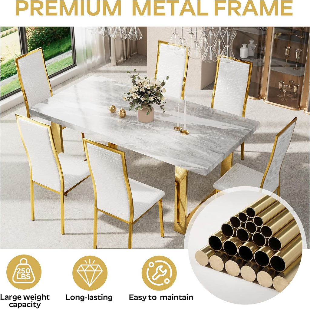 Modern Dining Chairs Set of 4, White Willow Leaf Pattern with Chrome Gold Metal Legs, Curved High Back Design & Cloud Cushioning, Mid-Century Kitchen Chairs with Non-Slip Feet(Easy Assembly)