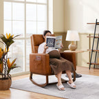 Topeakmart Nursery Rocking Chair, PU Leather Modern Accent Chair with Wood Legs Side Pocket Armchair Glider Rocker for Nursery Living Room Bedroom Lounge, Brown