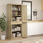 72" Tall Pantry Cabinet with Rattan Decorated Panel, Freestanding Kitchen Storage Cabinet with 4 Doors, Drawer, 5-Tier Shelf and Adjustable Shelves, Oak,15.8 * 30 * 72