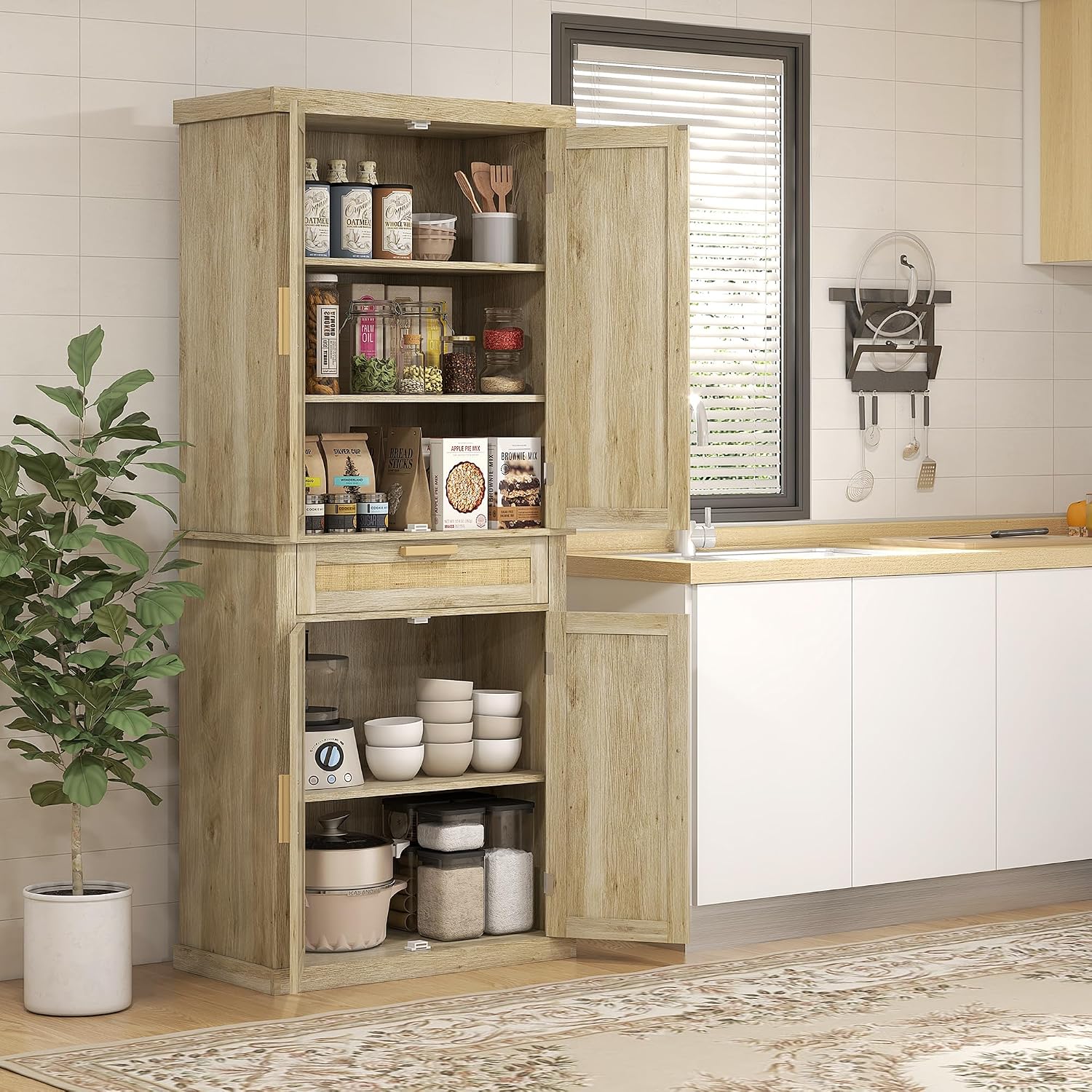 72" Tall Pantry Cabinet with Rattan Decorated Panel, Freestanding Kitchen Storage Cabinet with 4 Doors, Drawer, 5-Tier Shelf and Adjustable Shelves, Oak,15.8 * 30 * 72