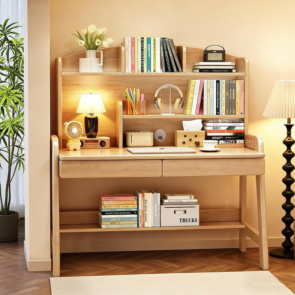 Kids Desk Wooden Childrens Study Desk with Bookshelf＆Two Drawers, Adjustable Kids Desk for Study＆Writing＆Computer＆Workstation, Nature