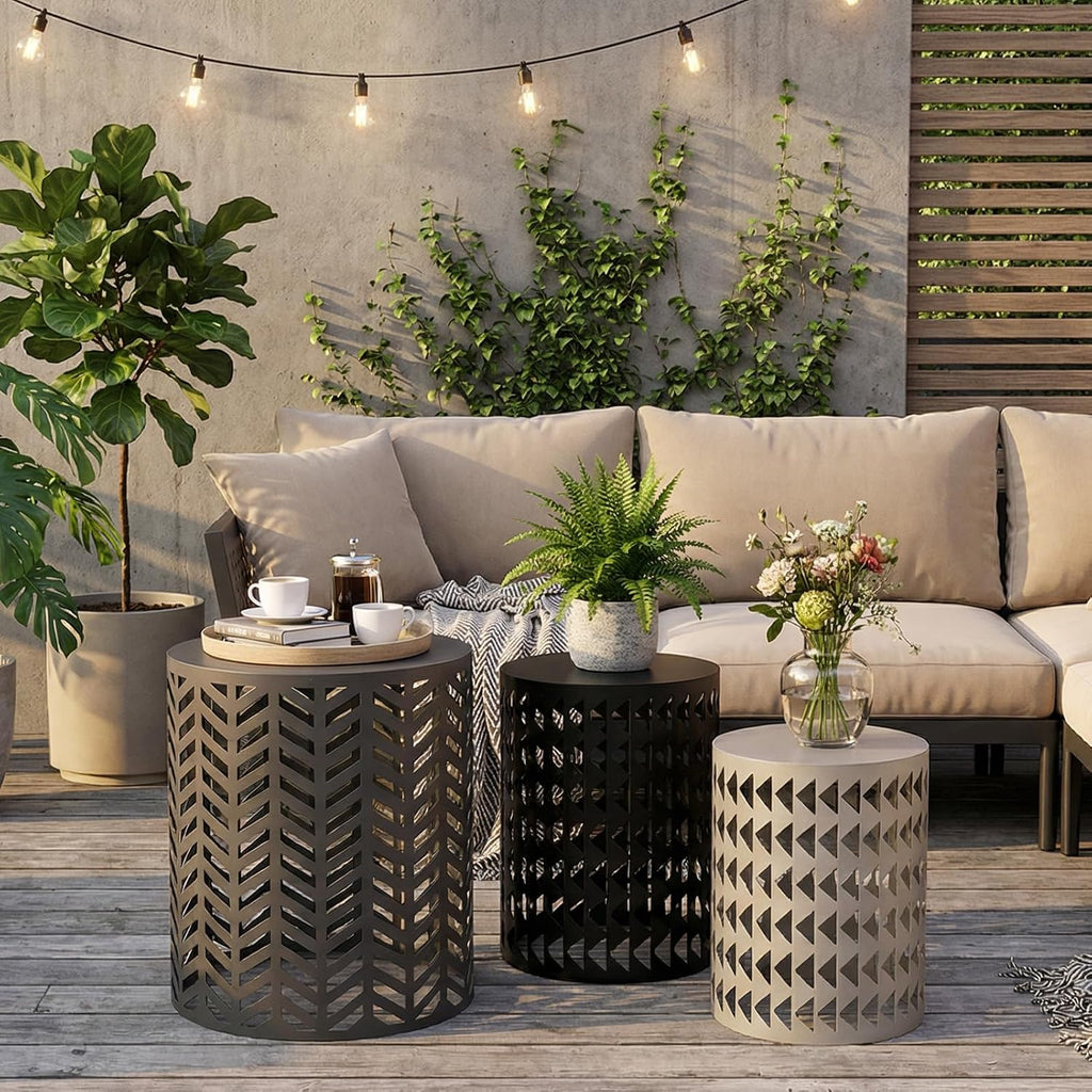 Outdoor Side Table, Outdoor Nesting Tables Set of 3, Patio Side Table End Table for Outside Living Room Balcony Garden Outdoor Indoor (Black & Gray)