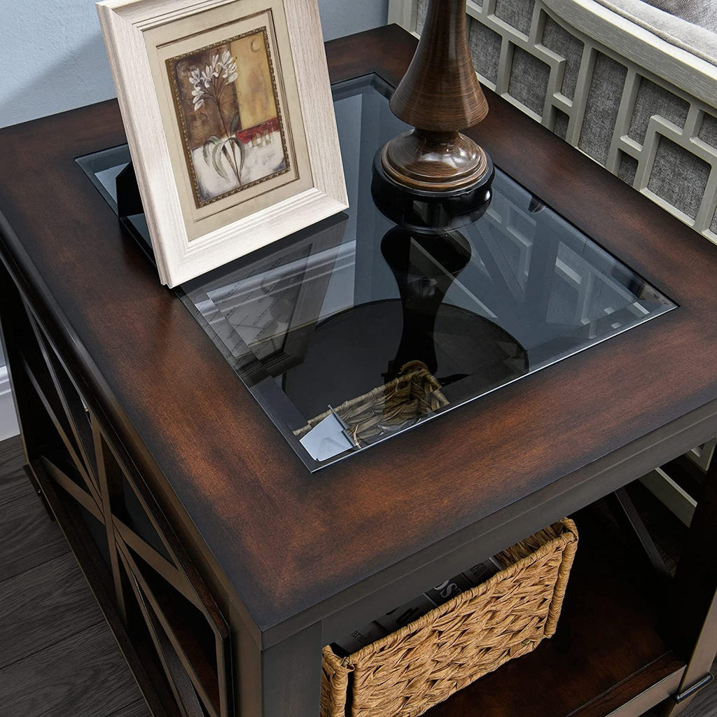 Set of 2 Large Solid Wood End Tables with Tempered Glass Top, 28" x 24" Farmhouse Side Tables, Vintage Walnut for Living Room, Bedroom, Office